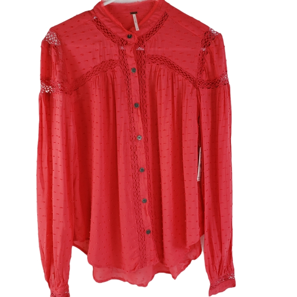 Free People Women's Swiss Dot LS Top Small Spring Crochet Colorful NWT